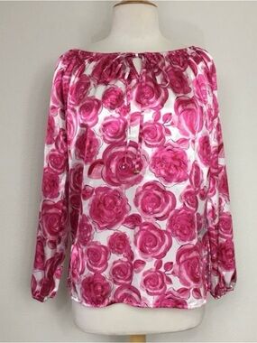 3/$25 Quintessential Womens Pink White Floral Balloon Sleeve Blouse Size Medium